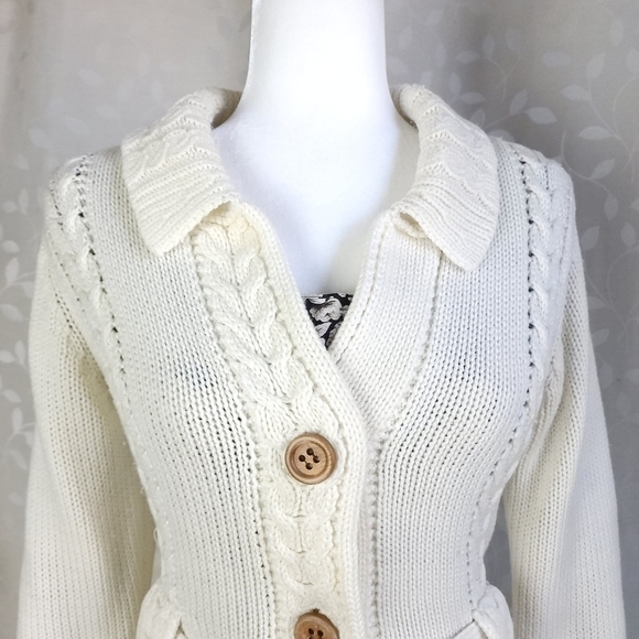 Vintage Cable Knit Belted Collared Button Front Long Cardigan Dayne Taylor Cream - Picture 3 of 15